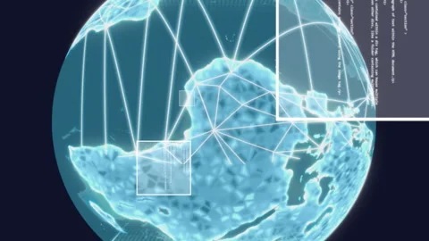 Animation of globe, binary codes and computer language and data server racks Stock Footage 313166413