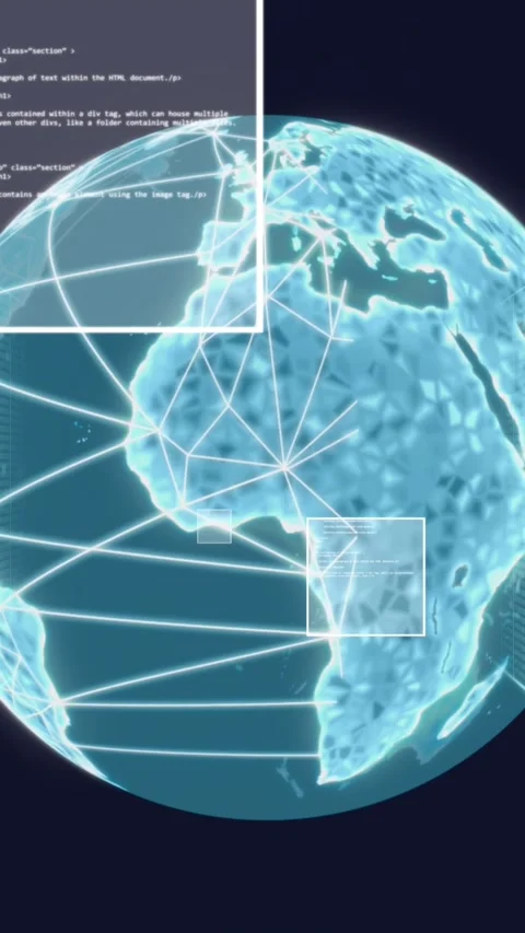 Animation of globe, binary codes and computer language and data server racks Stock Footage 320921720