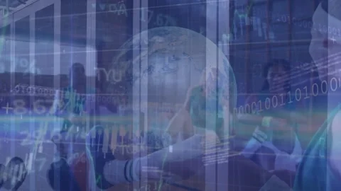 Animation of globe, binary codes and computer language, diverse female players Stock Footage 328360275