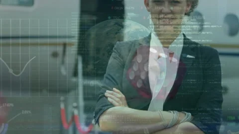 Animation of globe, binary codes, trading board, rolling dice, biracial woman Stock Footage 229208824