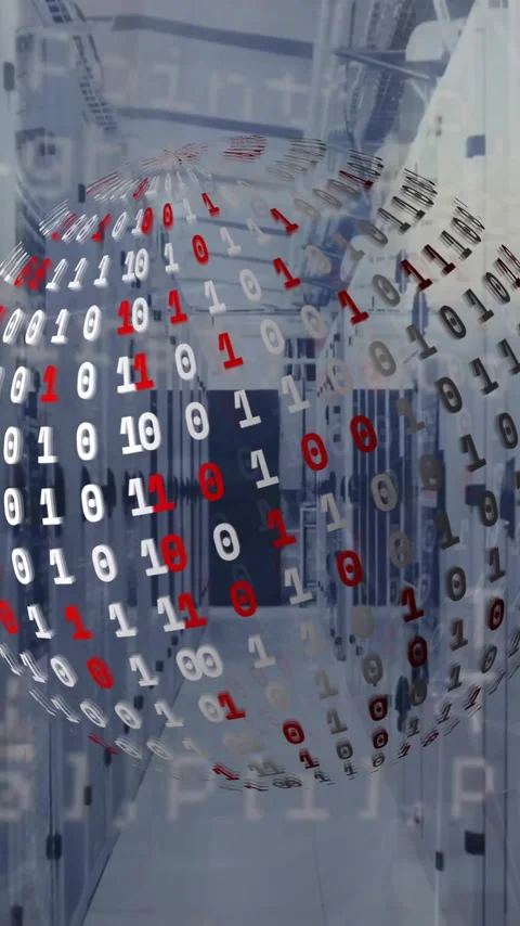 Animation of globe with binary coding and data processing over computer servers Stock Footage 320662754