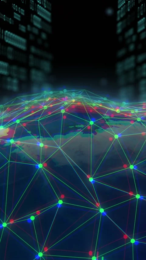 Animation of globe with binary coding and data processing over dark background Video stock 320759226