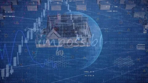 Animation of globe, binary coding and data processing over house Stock Footage 325836934