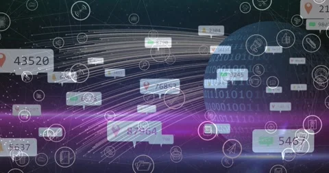 Animation of globe with binary coding and network of social media icons and Stock Footage 327359862