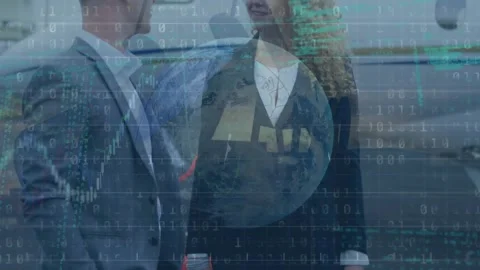 Animation of globe, binary coding and data processing over caucasian business Stock Footage 328007163