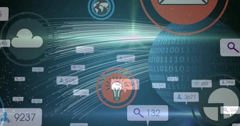 Animation of globe with binary coding and network of social media icons and Stock Footage 328973972