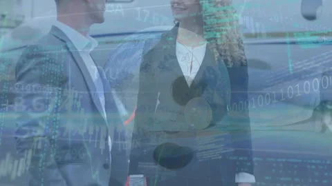 Animation of globe, binary coding and data processing over business people Stock Footage 330179184