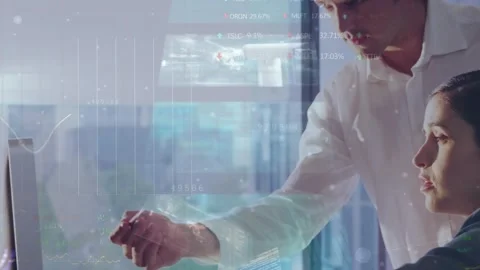 Animation of globe, binary coding and financial data processing over business Stock Footage 330255815