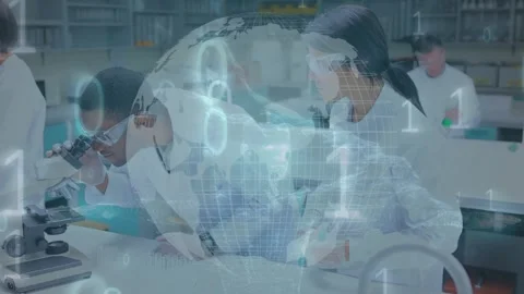Animation of globe, binary coding and data processing over diverse scientists in Stock Footage 330468579