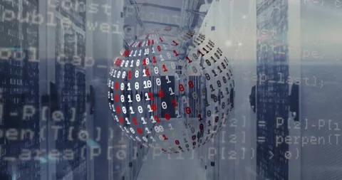 Animation of globe with binary coding and data processing over computer servers Stock Footage 330469833