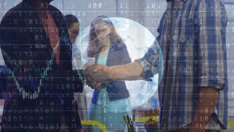 Animation of globe, binary coding and financial data processing over businessman Stock Footage 331278017