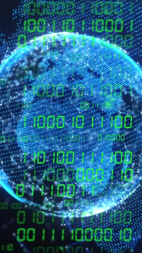 Animation of globe with binary coding and data processing over dark background Video stock 342595326