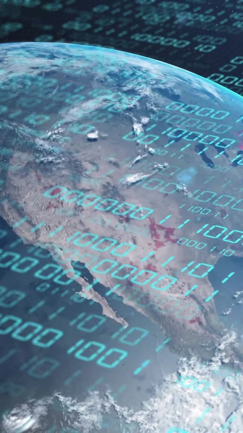 Animation of globe with binary coding and data processing over dark background Video stock 342643636