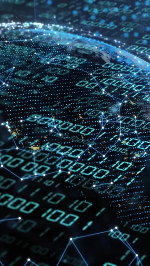 Animation of globe with binary coding and data processing over dark background Video stock 342677374
