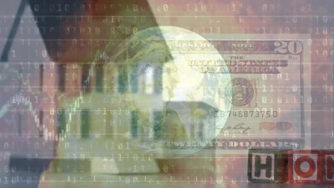 Animation of globe, binary coding data processing over house Stock Footage 328714956