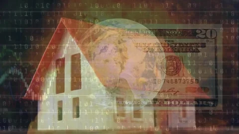 Animation of globe, binary coding data processing over house Stock Footage 329710701
