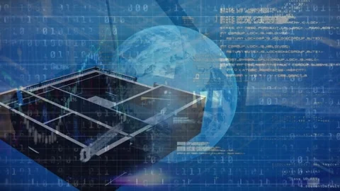 Animation of globe, binary coding data processing over house Stock Footage 330725070
