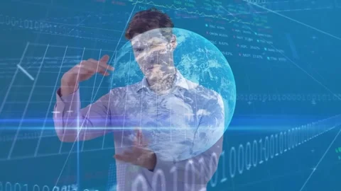 Animation of globe, binary coding, financial data processing over caucasian Stock Footage 326751901