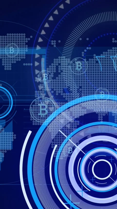 Animation of globe, bitcoin, processing circles and world map on navy background Stock Footage 343027867