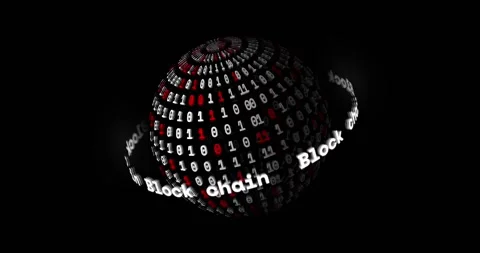 Animation of globe with block chain text and binary coding spinning on black Stock Footage 330782703