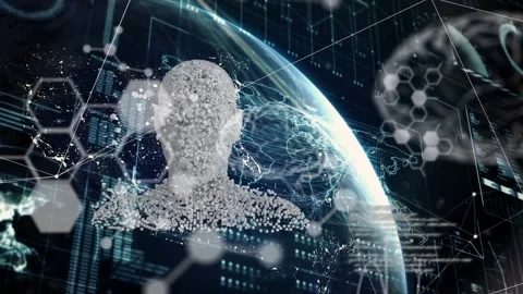 Animation of globe, brain and data processing over human model on black digital Stock Footage 329917161