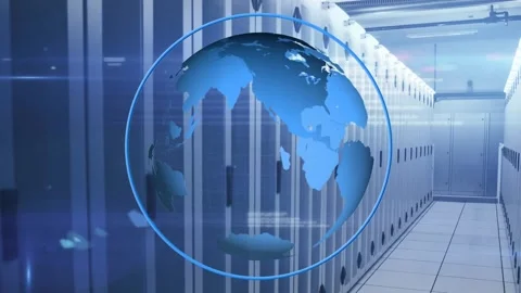 Animation of globe in circle and computer language over data server room Video stock 250314484