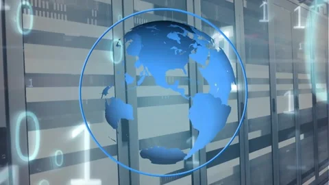 Animation of globe in circle and falling binary codes over moving bars on data Stock Footage 250314473