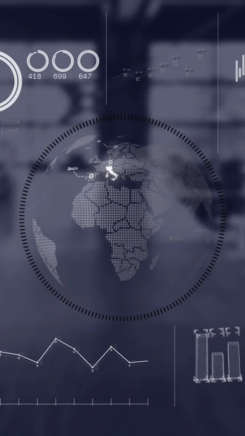 Animation of globe in circle, graphs, loading bar and circles with changing Stock Footage 344706452