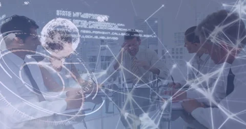 Animation of globe, circle, lines, coding over caucasian frustrated ceo shouting Stock Footage 316218494