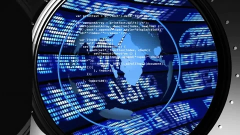 Animation of globe in circle, trading board and computer language in closing Video stock 257103802