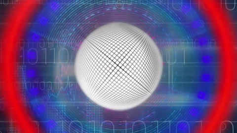 Animation of globe in circles over graphs and binary codes against abstract Stock Footage 246530678
