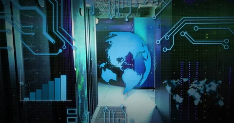 Animation of globe with circuit board and digital data processing over computer Stock Footage 310221008