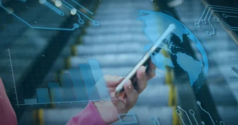 Animation of globe, circuit board pattern, midsection of caucasian woman Stock Footage 328642457