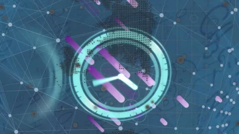 Animation of globe, clock, purple shapes and connections over navy background Stock Footage 313001468