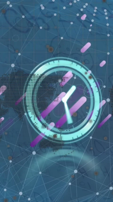 Animation of globe, clock, purple shapes and connections over navy background 動画素材 322721436