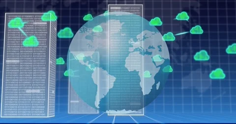 Animation of globe, clouds and binary data over grid and map of world Stock Footage 328920509