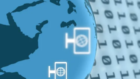 Animation of globe with computer and envelope icons over binary coding Stock Footage 312385878