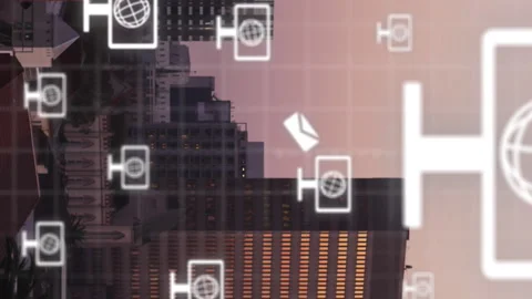 Animation of globe with computer and envelope icons over binary coding and Stock Footage 314115122