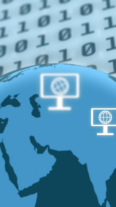 Animation of globe with computer and envelope icons over binary coding Stock Footage 323897871