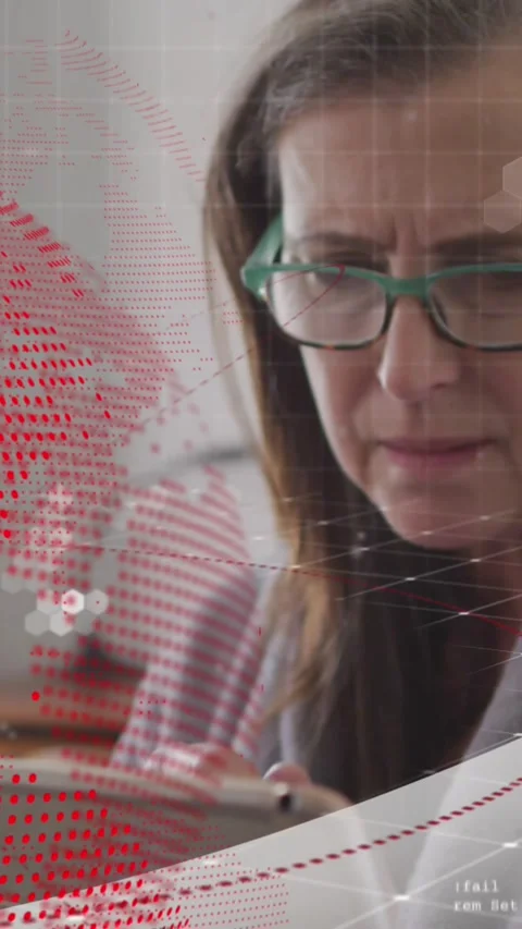 Animation of globe, computer language over thoughtful caucasian woman analyzing Stock Footage 344783677