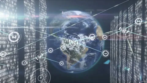 Animation of globe, computer servers with icons and network of connections Stock Footage 330593748