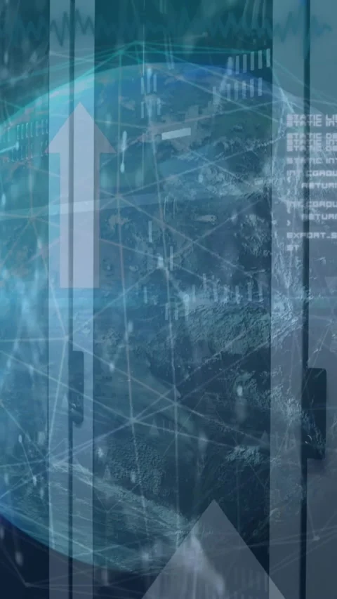 Animation of globe, connected dots, up arrow, computer language, graphs over Stock Footage 321625589