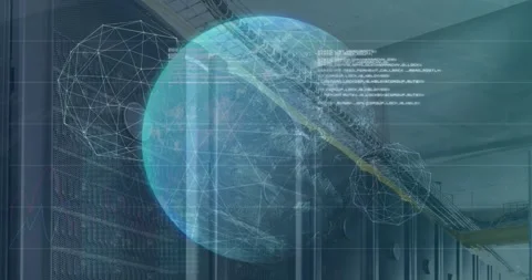 Animation of globe, connected dots forming globes and programming language over 스톡 동영상 327641930