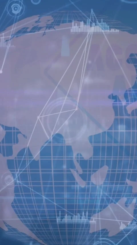 Animation of globe with connected dots, graphs icons against abstract background Stock Footage 344678316