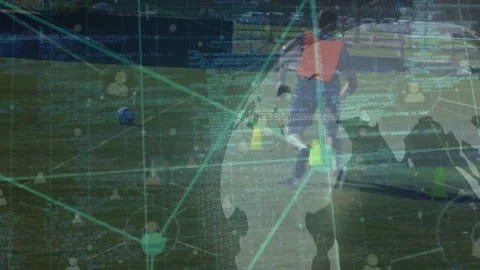Animation of globe, connected icons, computer language over african american Stock Footage 325771335