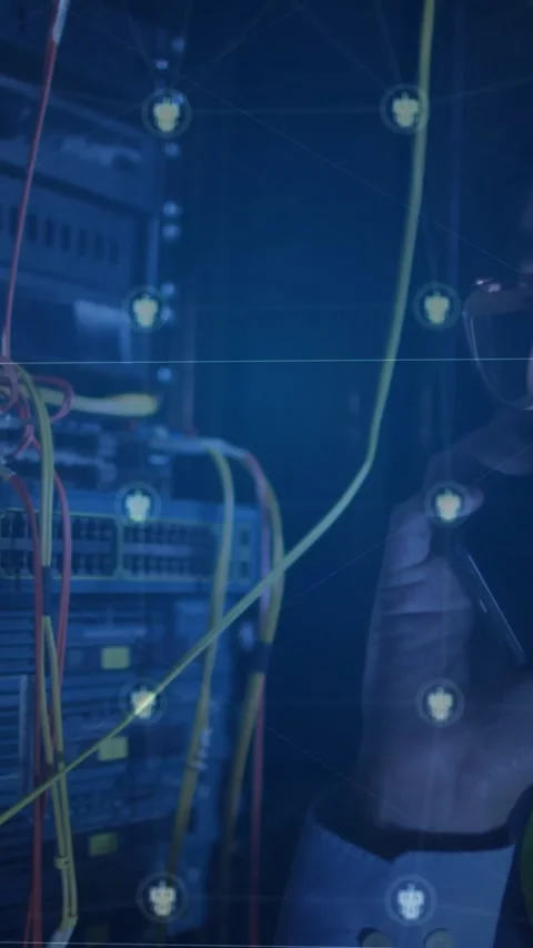Animation of globe with connections and ai icons over asian man by computer Stock Footage 343954650