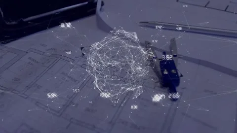 Animation of globe with connections and data over desk with architect's plans Stock Footage 330052351