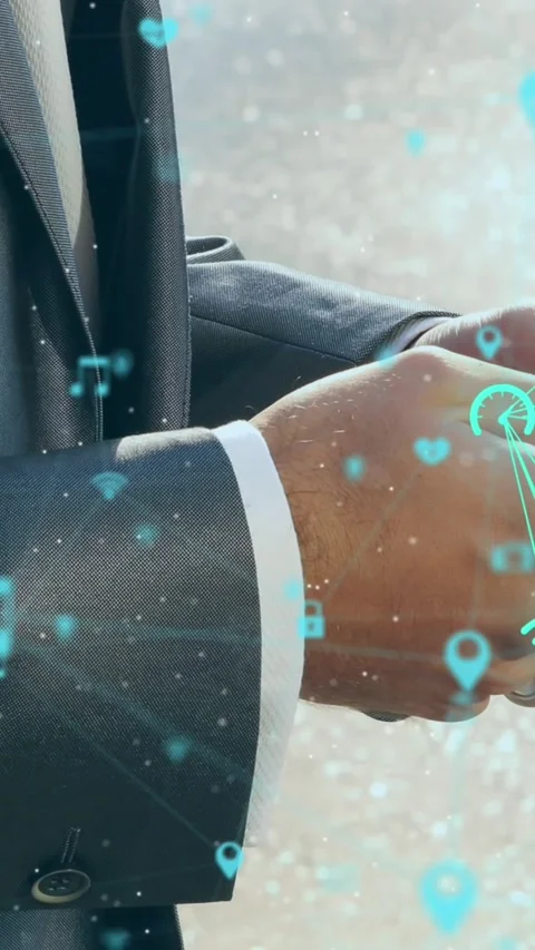 Animation of globe of connections with icons over businessman using smartphone Stock Footage 344706197