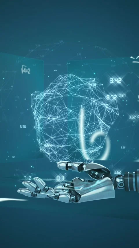 Animation of globe of connections over robot's arm and data processing on Stock Footage 344556748