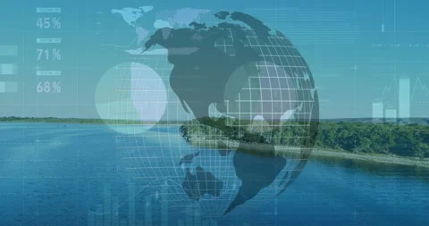 Animation of globe with data graphics overlaying serene lake and forest Stock Footage 306191689